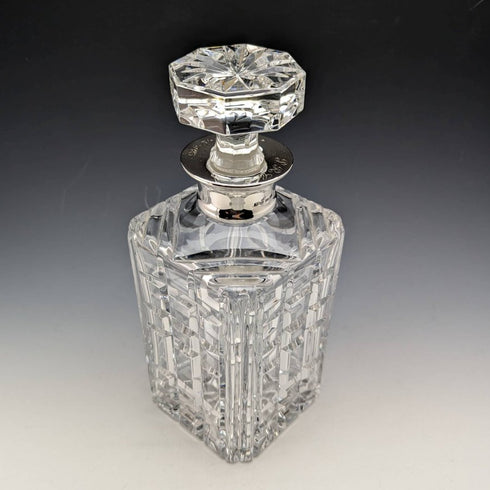 1981 British Vintage Cut Glass Square Decanter Pure Silver Decoration 2100g